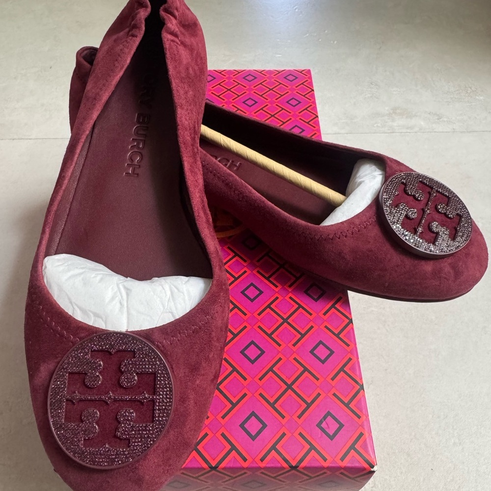 Tory Burch Minnie Suede Pave Burgundy Flats with Embellished Logo